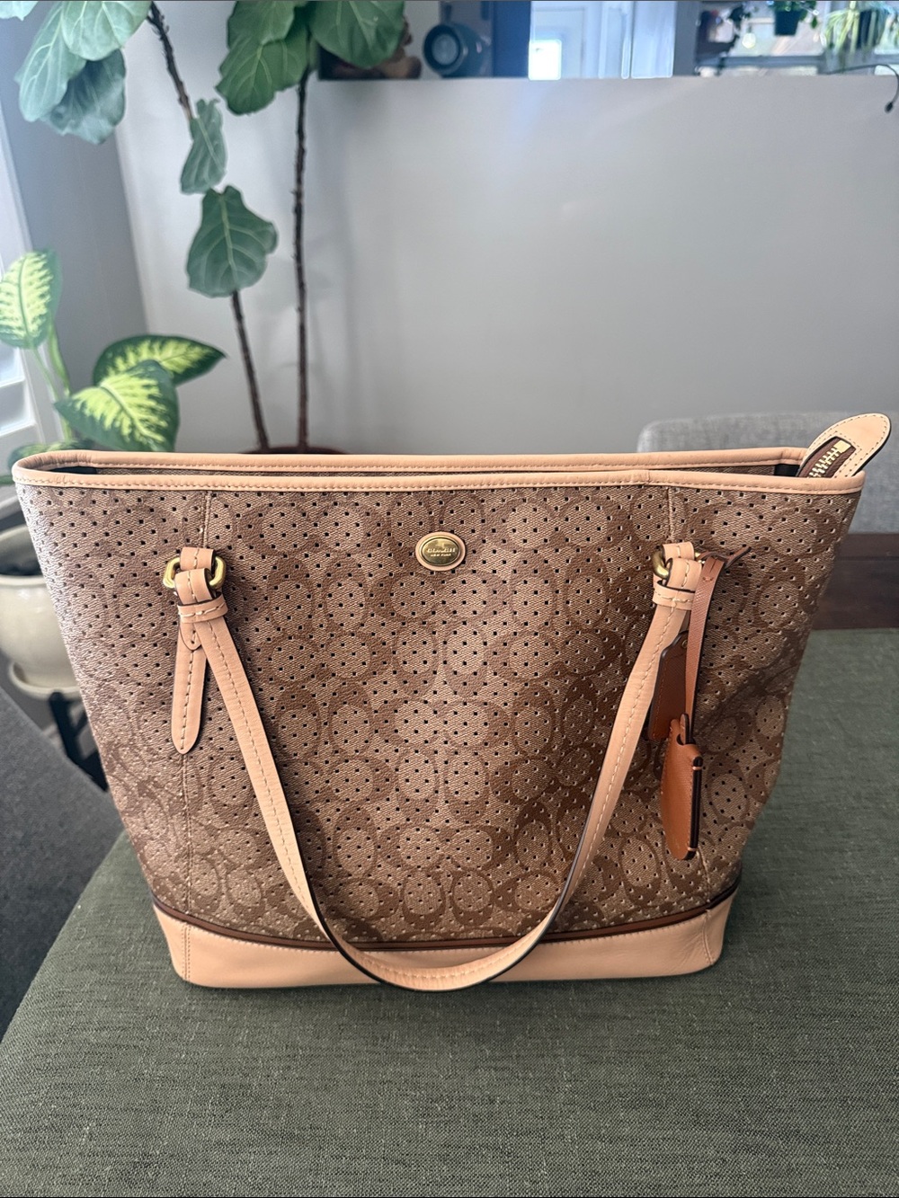 Coach Brown Monogram Tote with Pink-Tan Trim